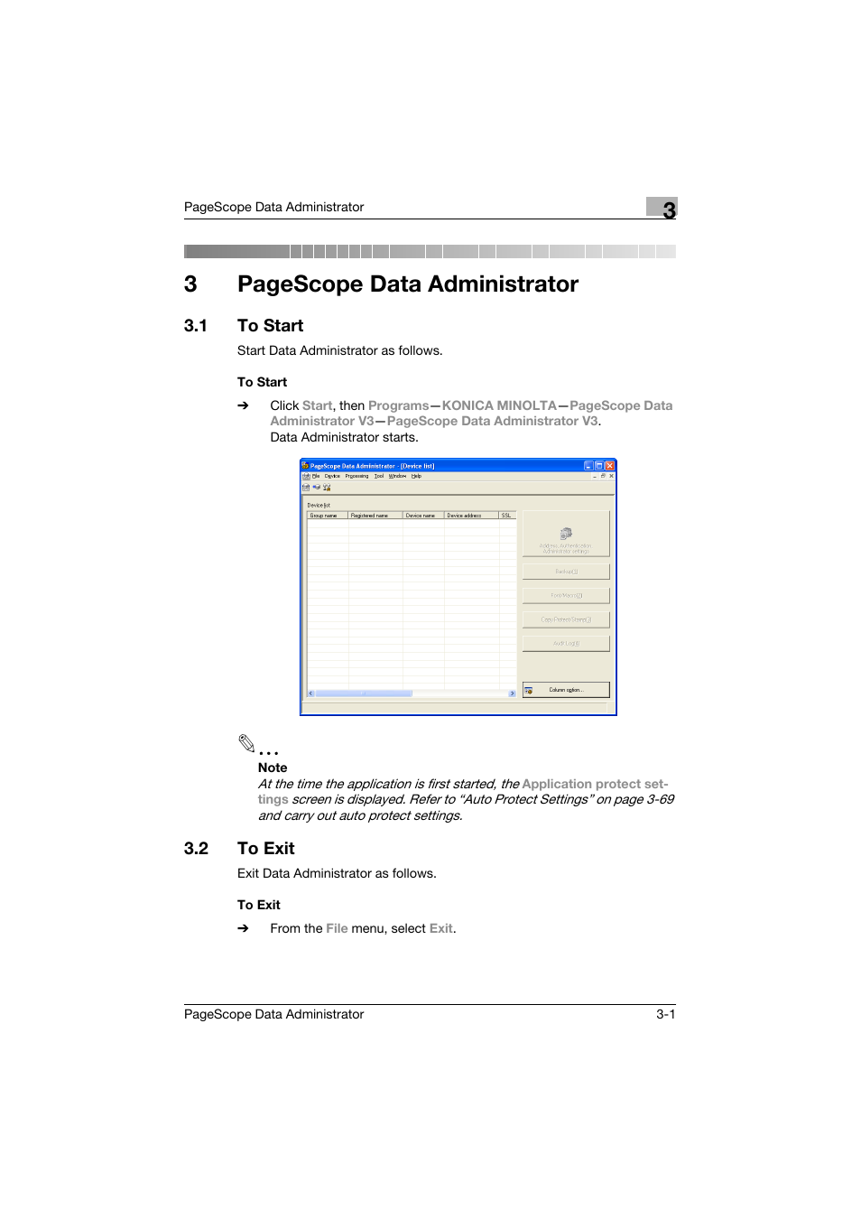 1 to start, To start, 2 to exit | To exit, To start -1, To exit -1, 3pagescope data administrator | Konica Minolta BIZHUB C30P User Manual | Page 10 / 128