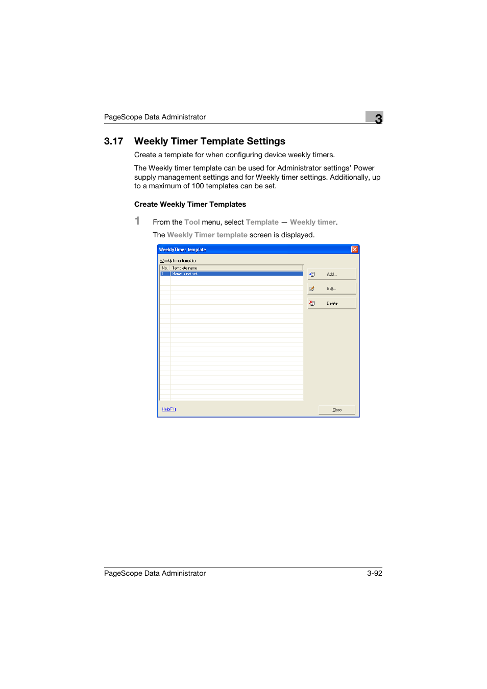 17 weekly timer template settings, Create weekly timer templates, Weekly timer template settings -92 | Create weekly timer templates -92 | Konica Minolta BIZHUB C30P User Manual | Page 101 / 128