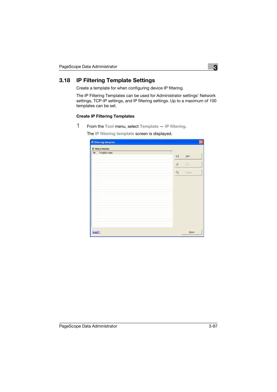 18 ip filtering template settings, Create ip filtering templates, Ip filtering template settings -97 | Create ip filtering templates -97 | Konica Minolta BIZHUB C30P User Manual | Page 106 / 128