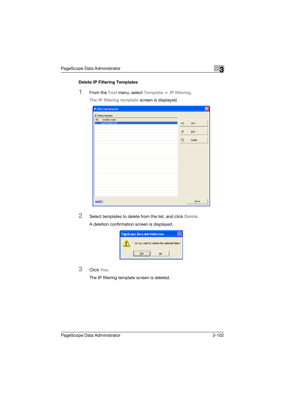 Delete ip filtering templates, Delete ip filtering templates -102 | Konica Minolta BIZHUB C30P User Manual | Page 111 / 128