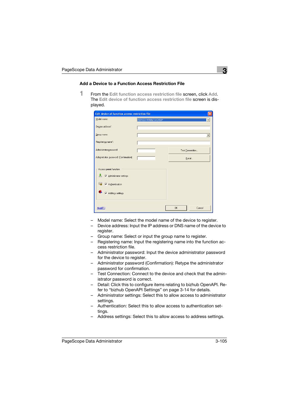 Add a device to a function access restriction file | Konica Minolta BIZHUB C30P User Manual | Page 114 / 128