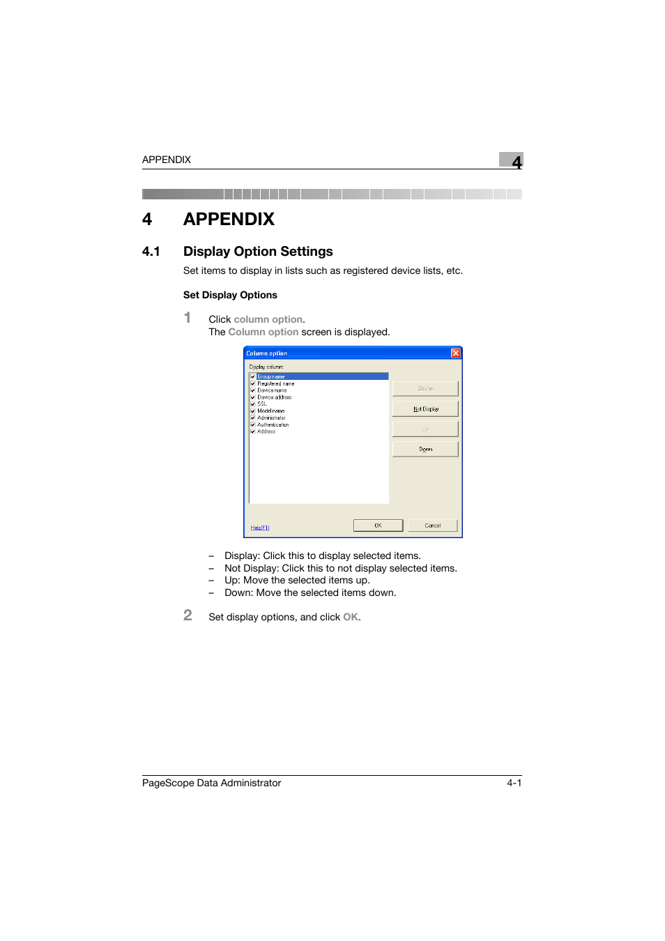 4 appendix, 1 display option settings, Set display options | Appendix, Display option settings -1, Set display options -1, 4appendix | Konica Minolta BIZHUB C30P User Manual | Page 120 / 128