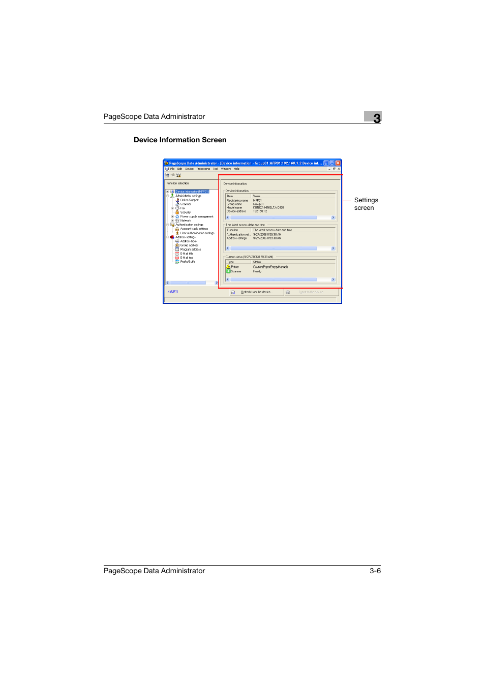 Device information screen, Device information screen -6 | Konica Minolta BIZHUB C30P User Manual | Page 15 / 128