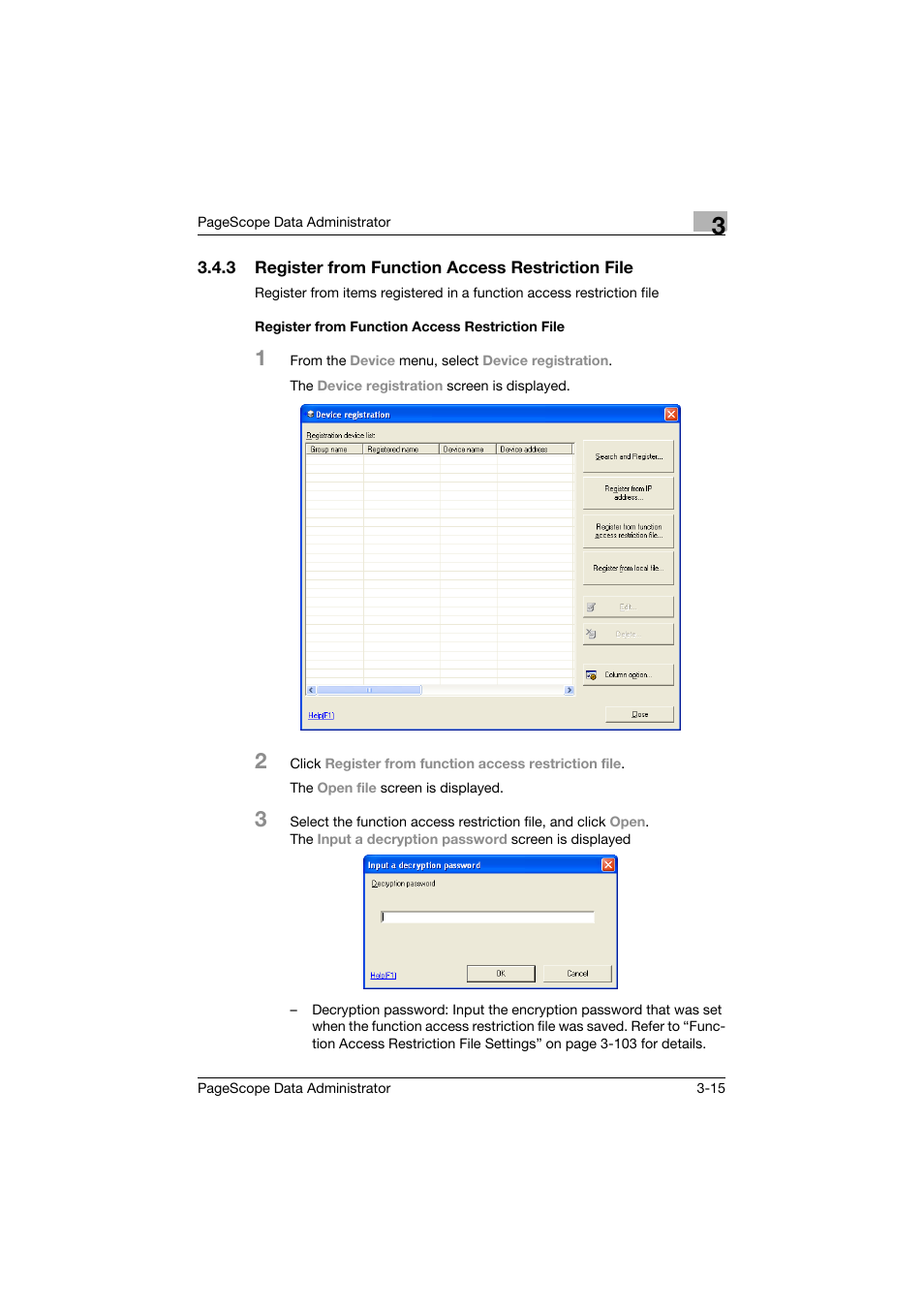 3 register from function access restriction file, Register from function access restriction file | Konica Minolta BIZHUB C30P User Manual | Page 24 / 128