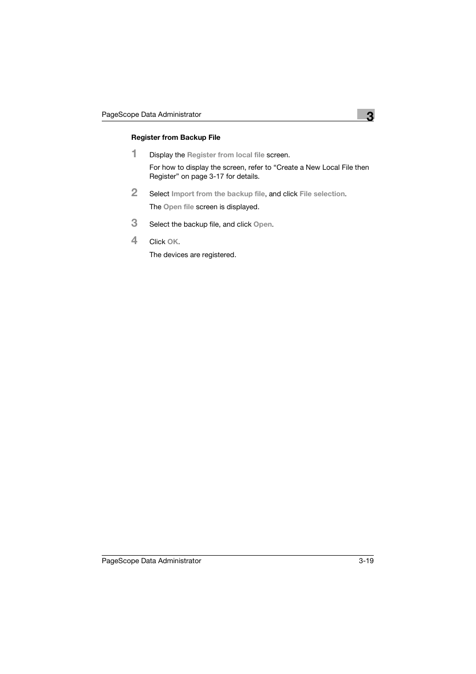 Register from backup file, Register from backup file -19 | Konica Minolta BIZHUB C30P User Manual | Page 28 / 128