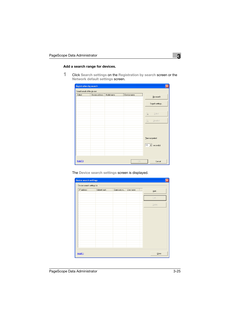 Add a search range for devices, Add a search range for devices -25 | Konica Minolta BIZHUB C30P User Manual | Page 34 / 128