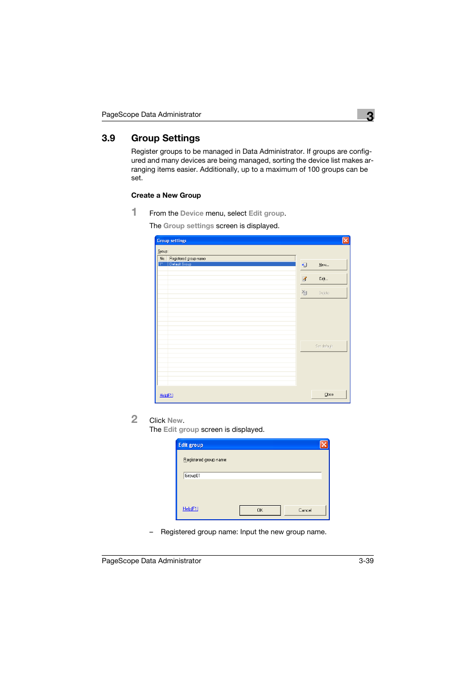 9 group settings, Create a new group, Group settings -39 | Create a new group -39 | Konica Minolta BIZHUB C30P User Manual | Page 48 / 128