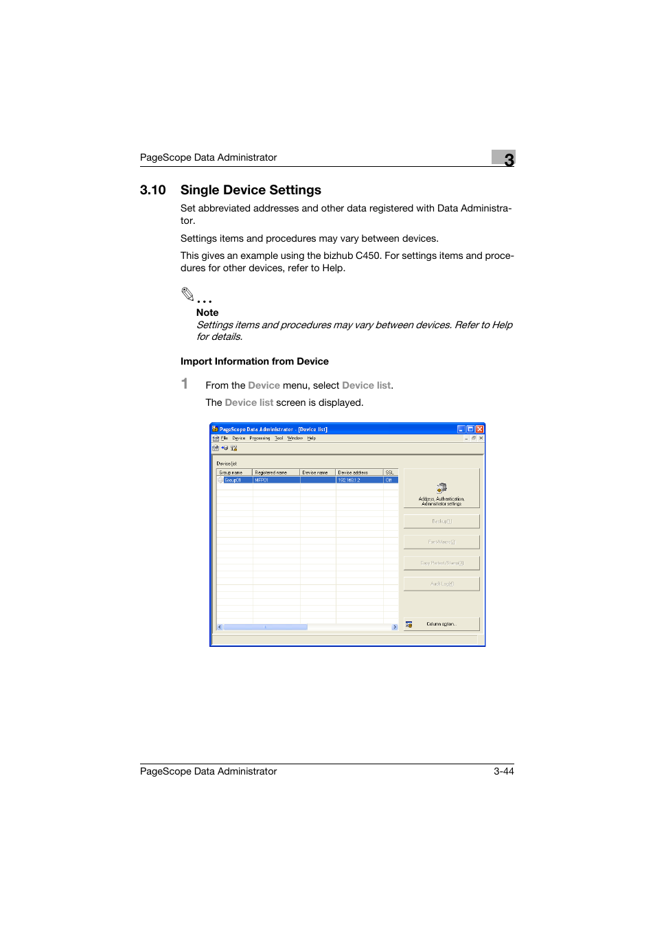 10 single device settings, Import information from device, Single device settings -44 | Import information from device -44 | Konica Minolta BIZHUB C30P User Manual | Page 53 / 128