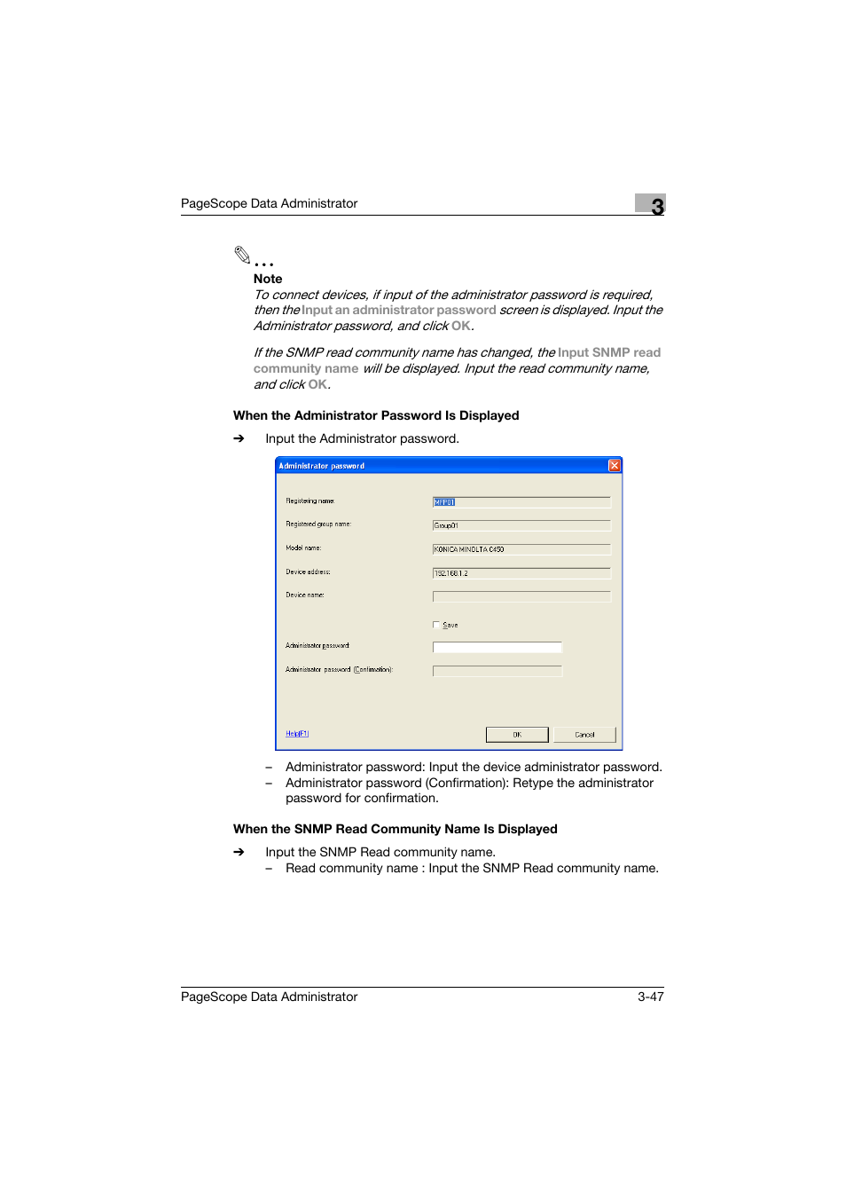 When the administrator password is displayed, When the snmp read community name is displayed | Konica Minolta BIZHUB C30P User Manual | Page 56 / 128