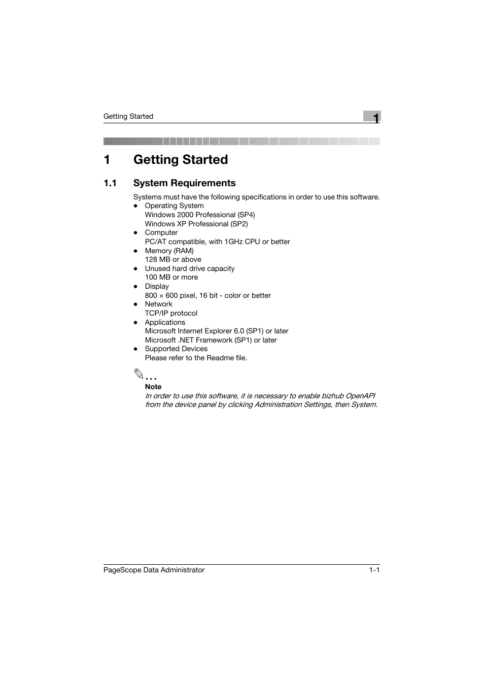 1 getting started, 1 system requirements, Getting started | System requirements -1, 1getting started | Konica Minolta BIZHUB C30P User Manual | Page 6 / 128