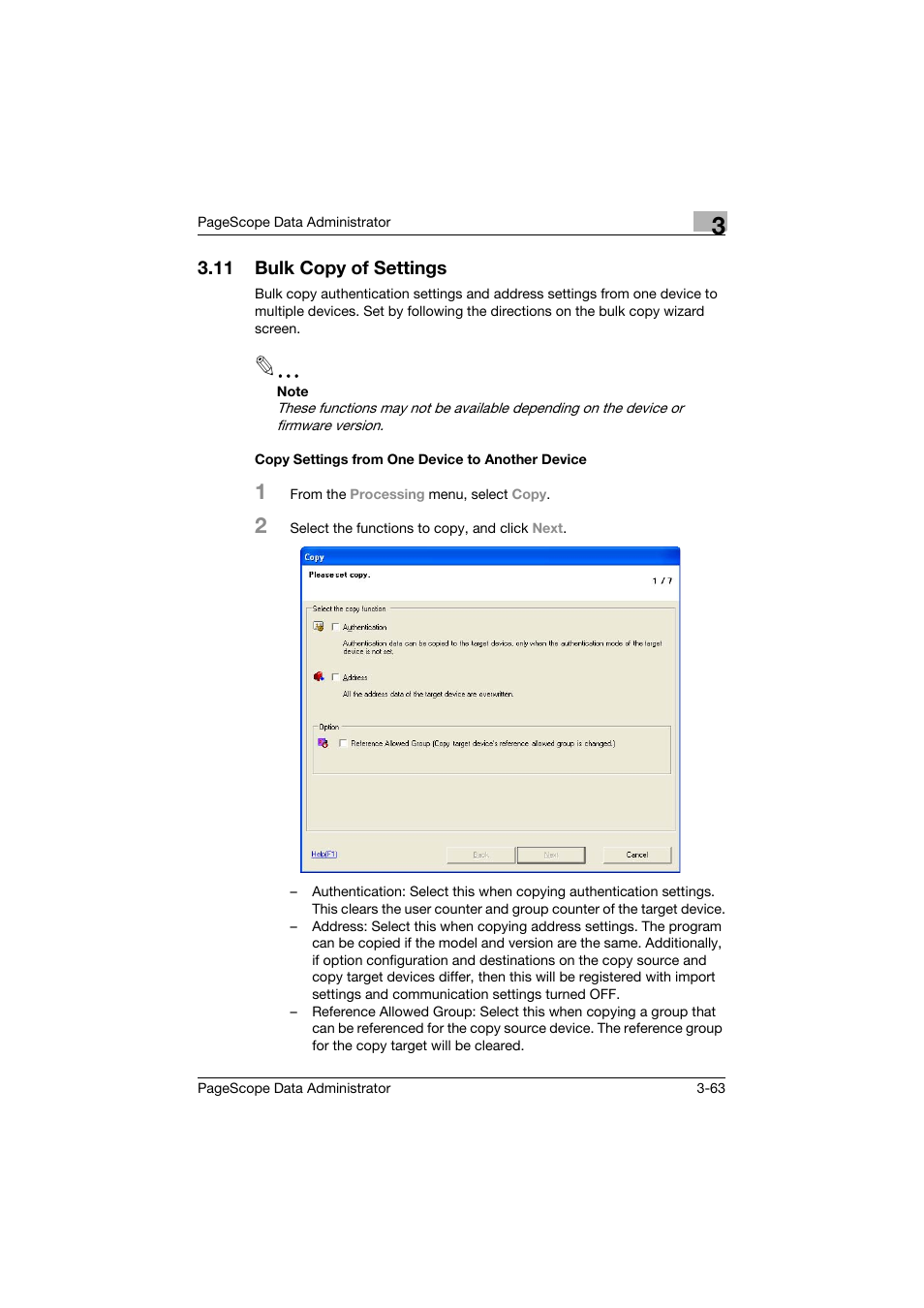 11 bulk copy of settings, Copy settings from one device to another device, Bulk copy of settings -63 | Konica Minolta BIZHUB C30P User Manual | Page 72 / 128