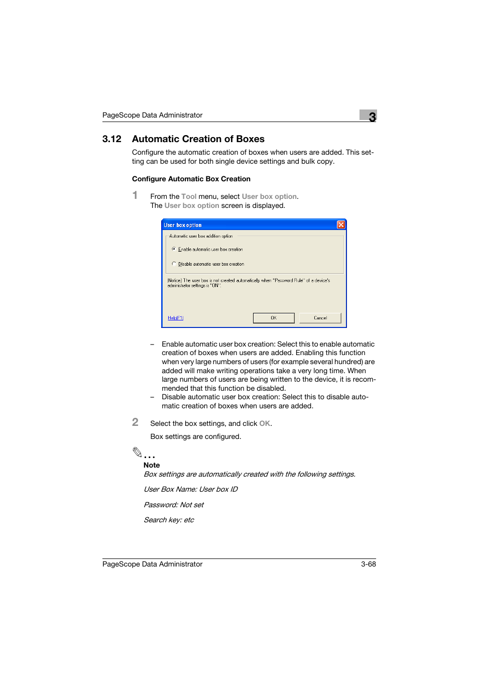 12 automatic creation of boxes, Configure automatic box creation, Automatic creation of boxes -68 | Configure automatic box creation -68 | Konica Minolta BIZHUB C30P User Manual | Page 77 / 128