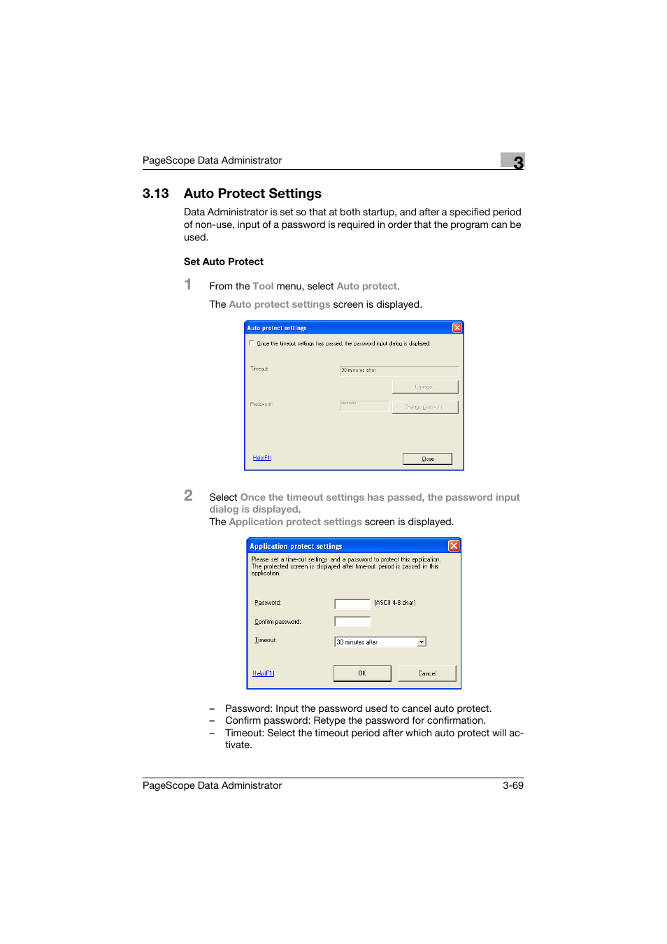 13 auto protect settings, Set auto protect, Auto protect settings -69 | Set auto protect -69 | Konica Minolta BIZHUB C30P User Manual | Page 78 / 128