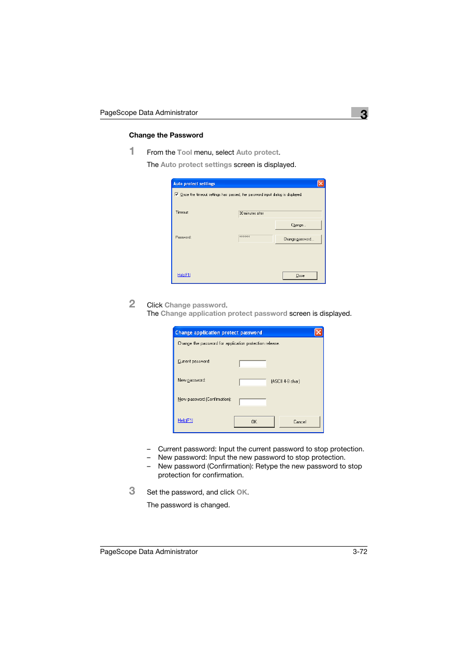 Change the password, Change the password -72 | Konica Minolta BIZHUB C30P User Manual | Page 81 / 128