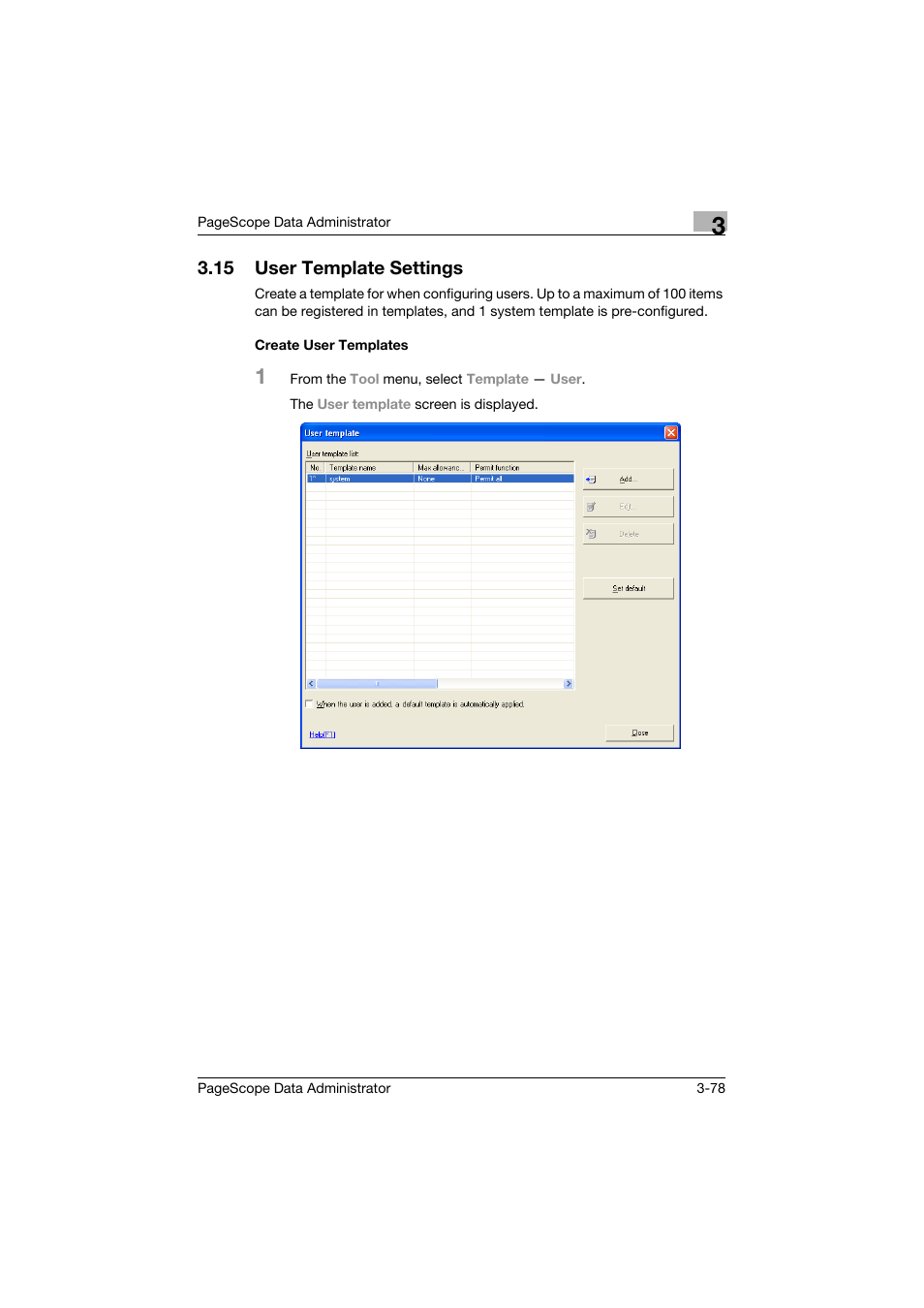 15 user template settings, Create user templates, User template settings -78 | Create user templates -78 | Konica Minolta BIZHUB C30P User Manual | Page 87 / 128