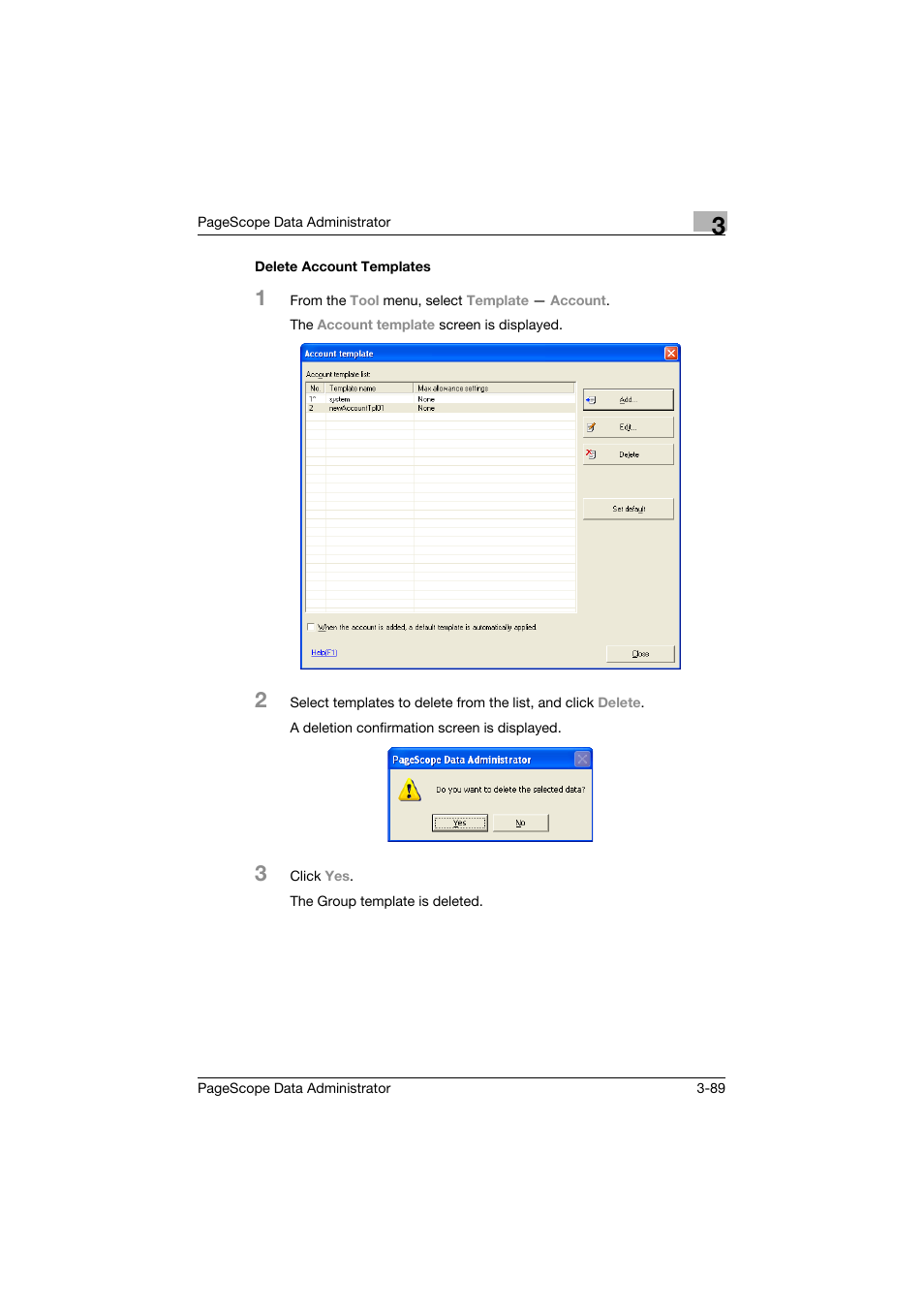 Delete account templates, Delete account templates -89 | Konica Minolta BIZHUB C30P User Manual | Page 98 / 128