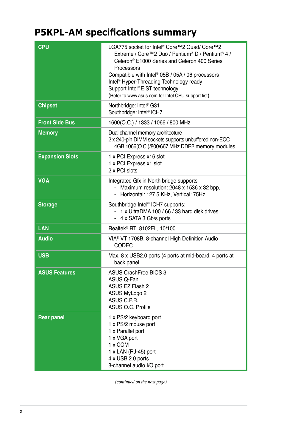 P5kpl-am specifications summary | Asus P5KPL-AM User Manual | Page 10 / 90