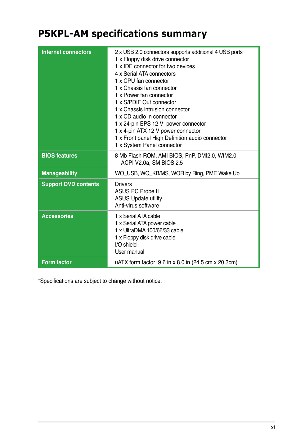 P5kpl-am specifications summary | Asus P5KPL-AM User Manual | Page 11 / 90