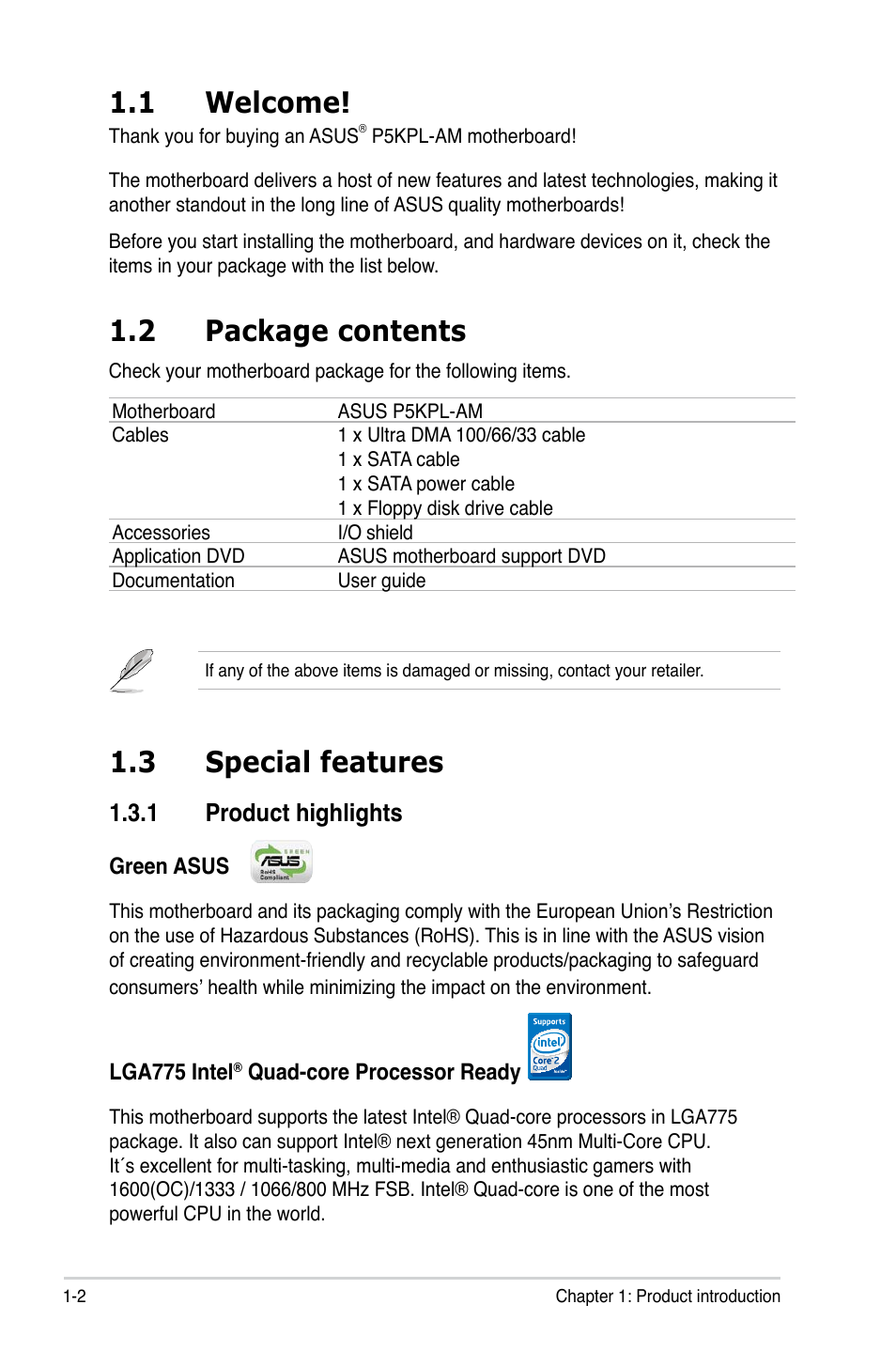 1 welcome, 2 package contents, 3 special features | 1 product highlights | Asus P5KPL-AM User Manual | Page 14 / 90