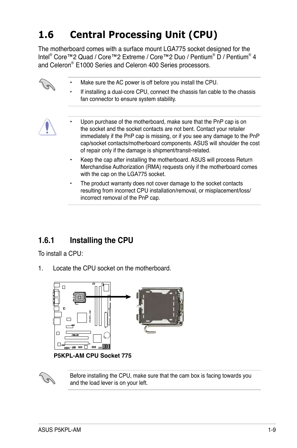 6 central processing unit (cpu), 1 installing the cpu, D / pentium | 4and celeron | Asus P5KPL-AM User Manual | Page 21 / 90