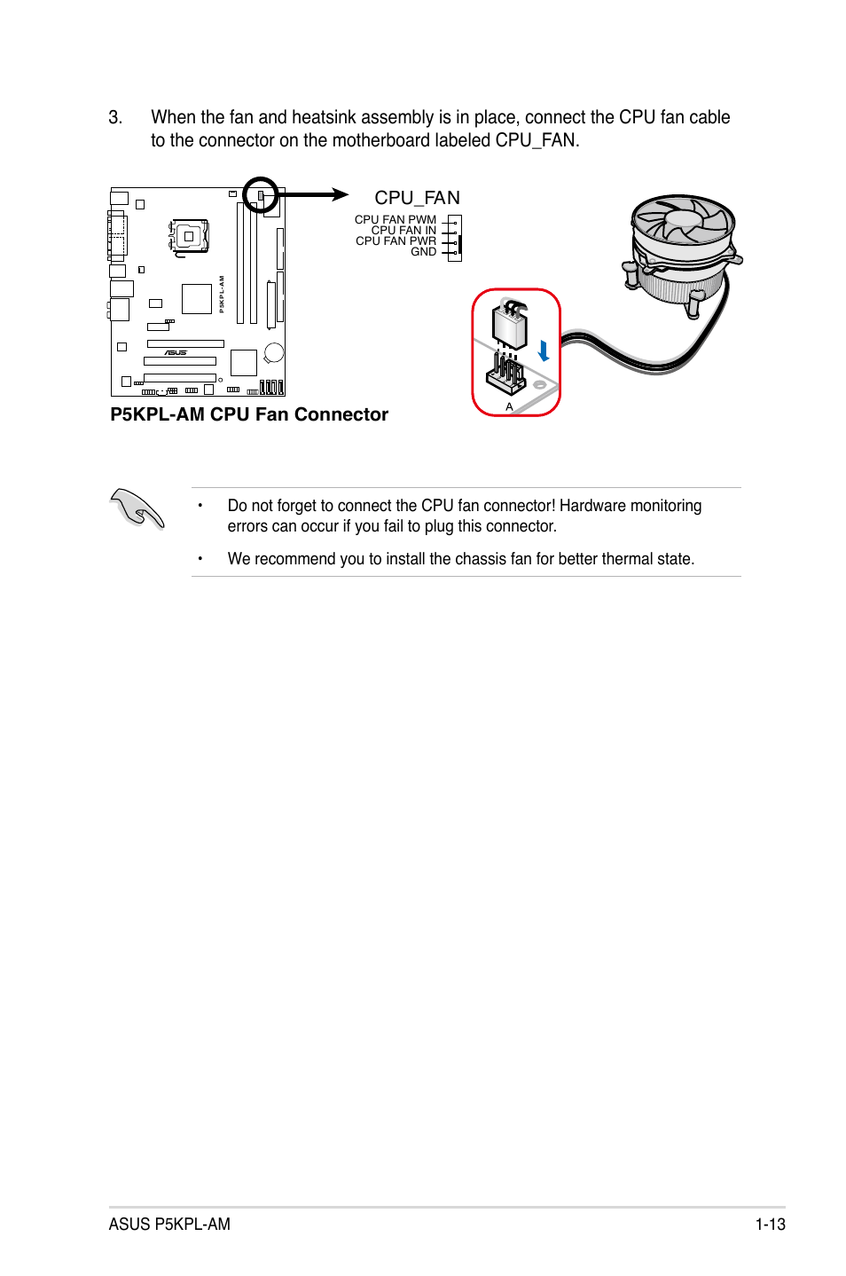 P5kpl-am cpu fan connector cpu_fan | Asus P5KPL-AM User Manual | Page 25 / 90