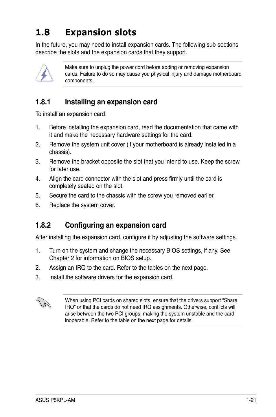 8 expansion slots, 1 installing an expansion card, 2 configuring an expansion card | Asus P5KPL-AM User Manual | Page 33 / 90
