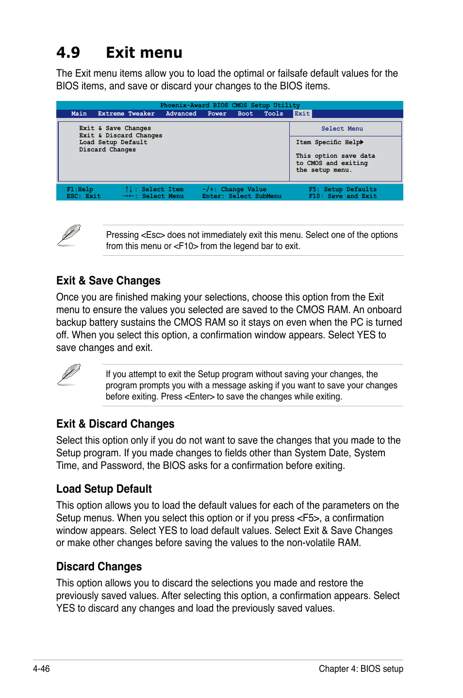 9 exit menu, Exit & save changes, Exit & discard changes | Load setup default, Discard changes | Asus E2898 User Manual | Page 116 / 168