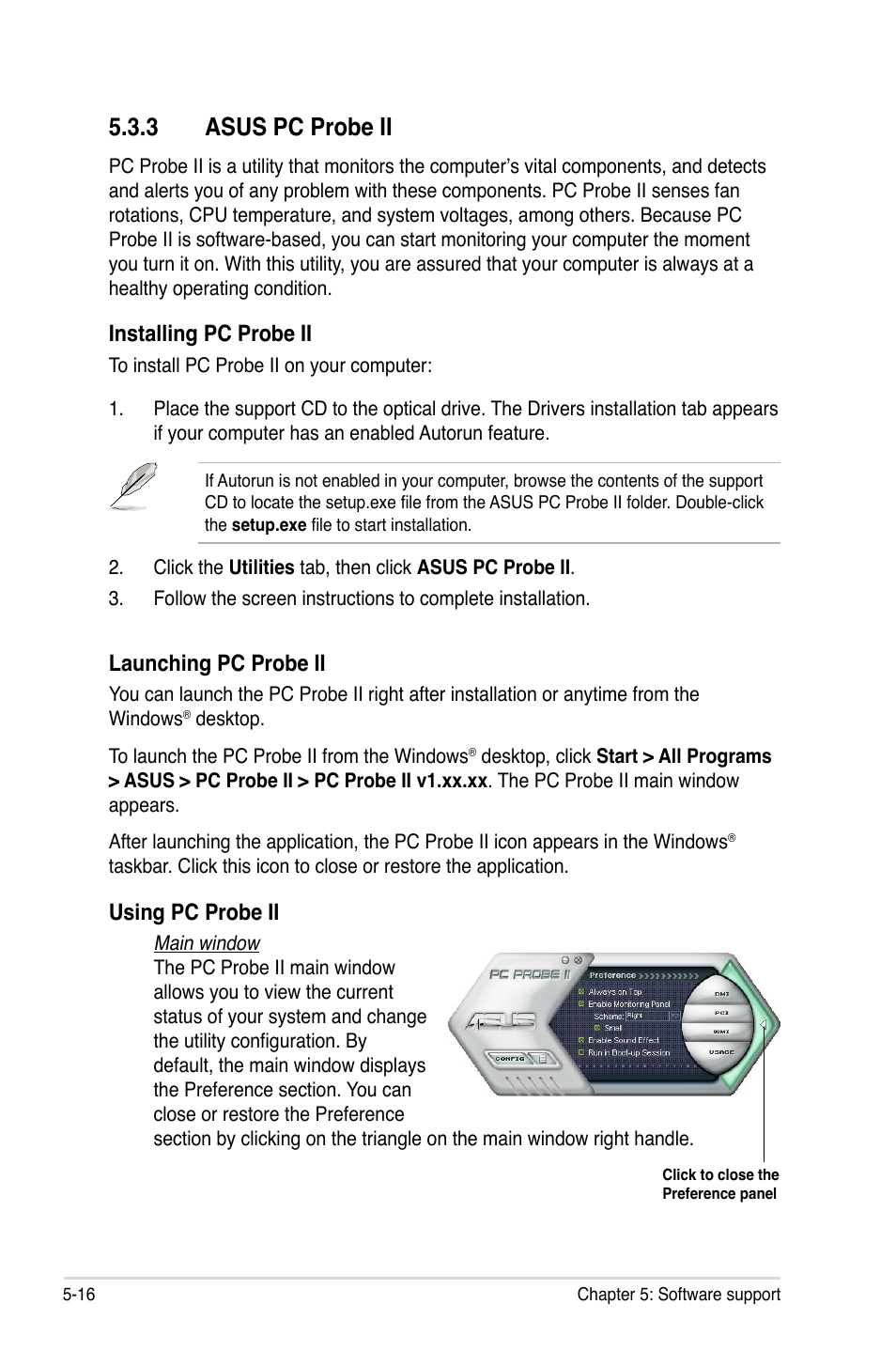 3 asus pc probe ii, Installing pc probe ii, Launching pc probe ii | Using pc probe ii | Asus E2898 User Manual | Page 134 / 168