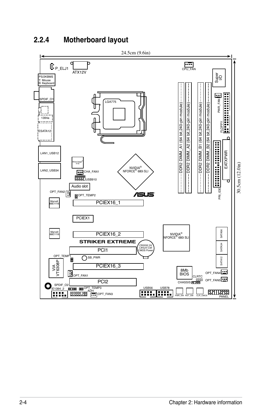 4 motherboard layout, 4 chapter 2: hardware information, 5cm (9.6in) | Pciex16_1 pci1, 5cm (12.0in), Striker extreme | Asus E2898 User Manual | Page 30 / 168