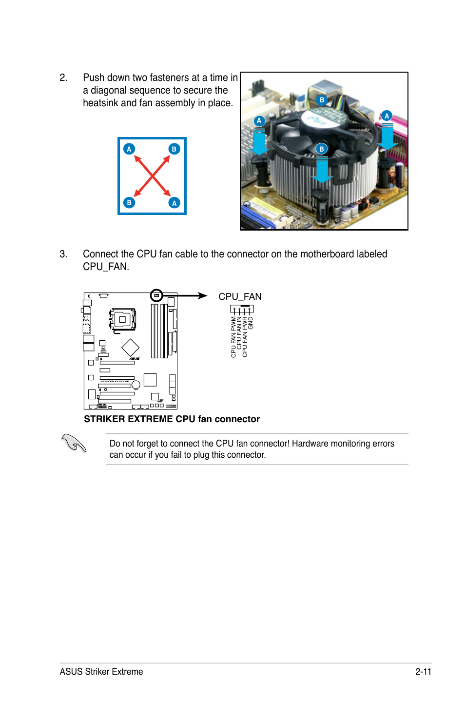 Asus striker extreme 2-11, Striker extreme cpu fan connector, Cpu_fan | Asus E2898 User Manual | Page 37 / 168