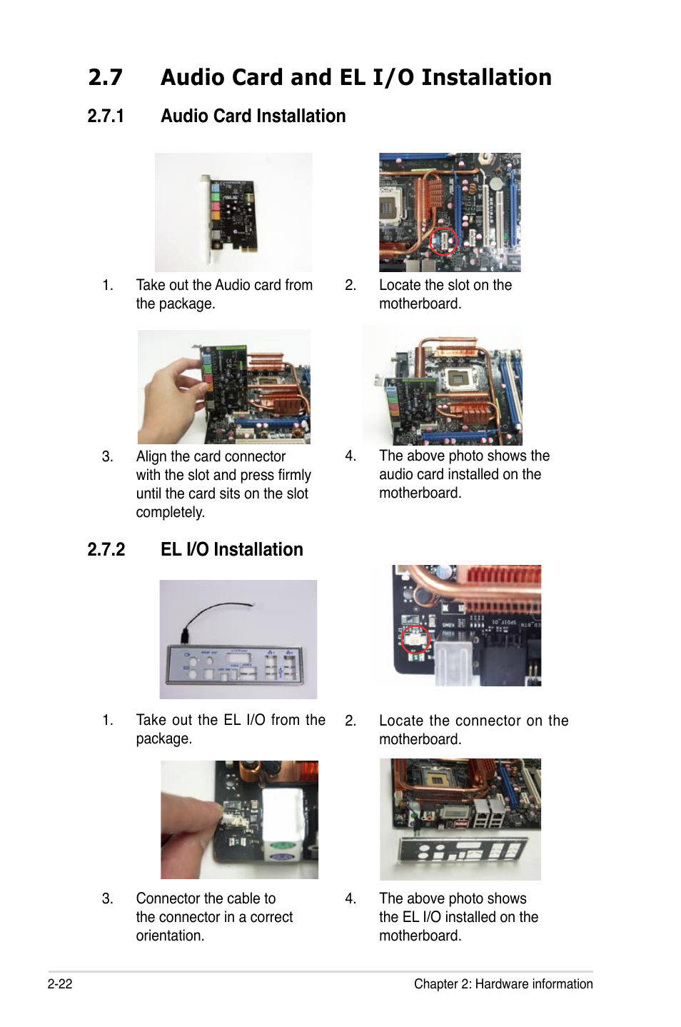 7 audio card and el i/o installation | Asus E2898 User Manual | Page 48 / 168