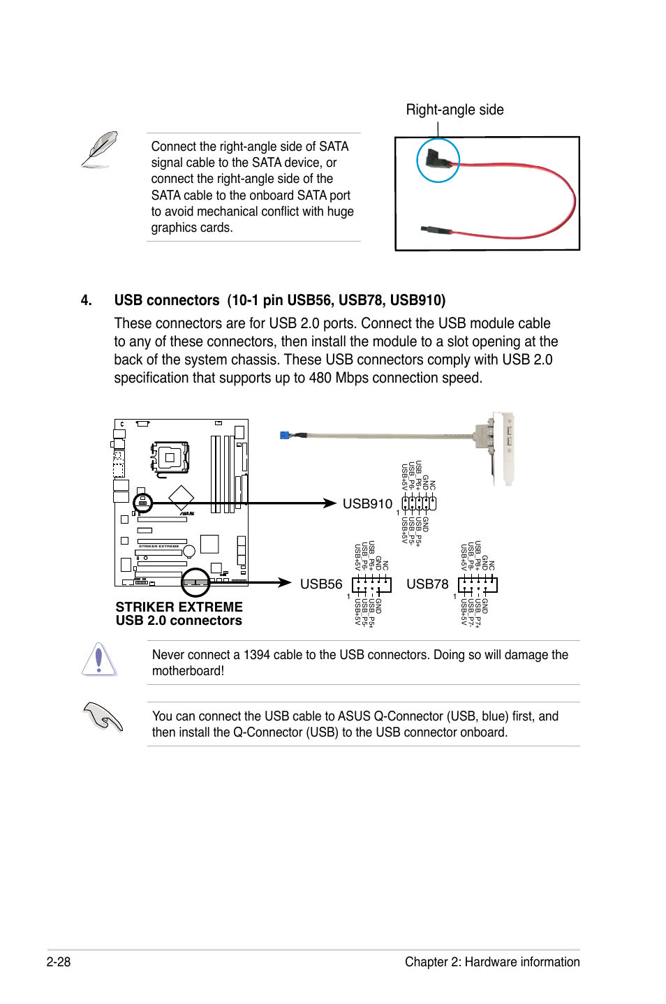 Striker extreme usb 2.0 connectors usb56, Usb78, Usb910 | Asus E2898 User Manual | Page 54 / 168