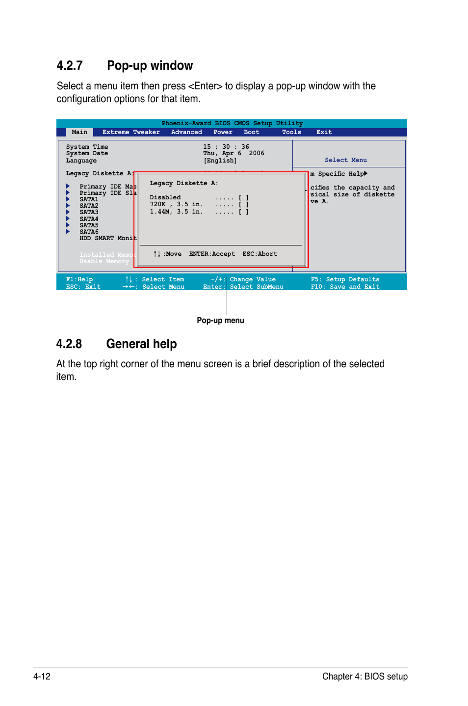 7 pop-up window, 8 general help, 12 chapter 4: bios setup | Asus E2898 User Manual | Page 82 / 168