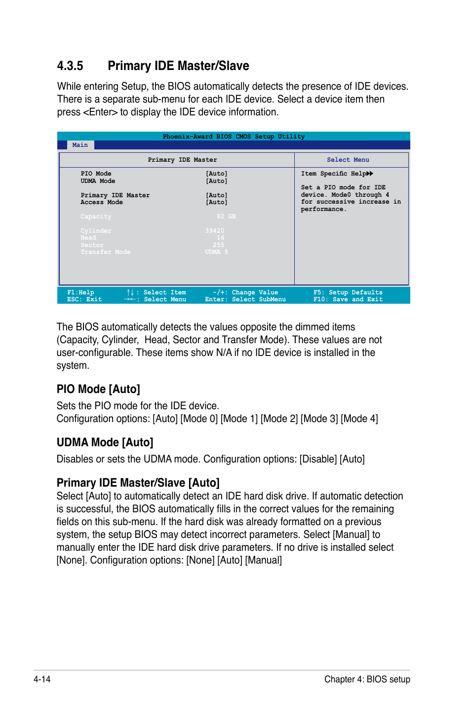 5 primary ide master/slave, Pio mode [auto, Udma mode [auto | Primary ide master/slave [auto | Asus E2898 User Manual | Page 84 / 168