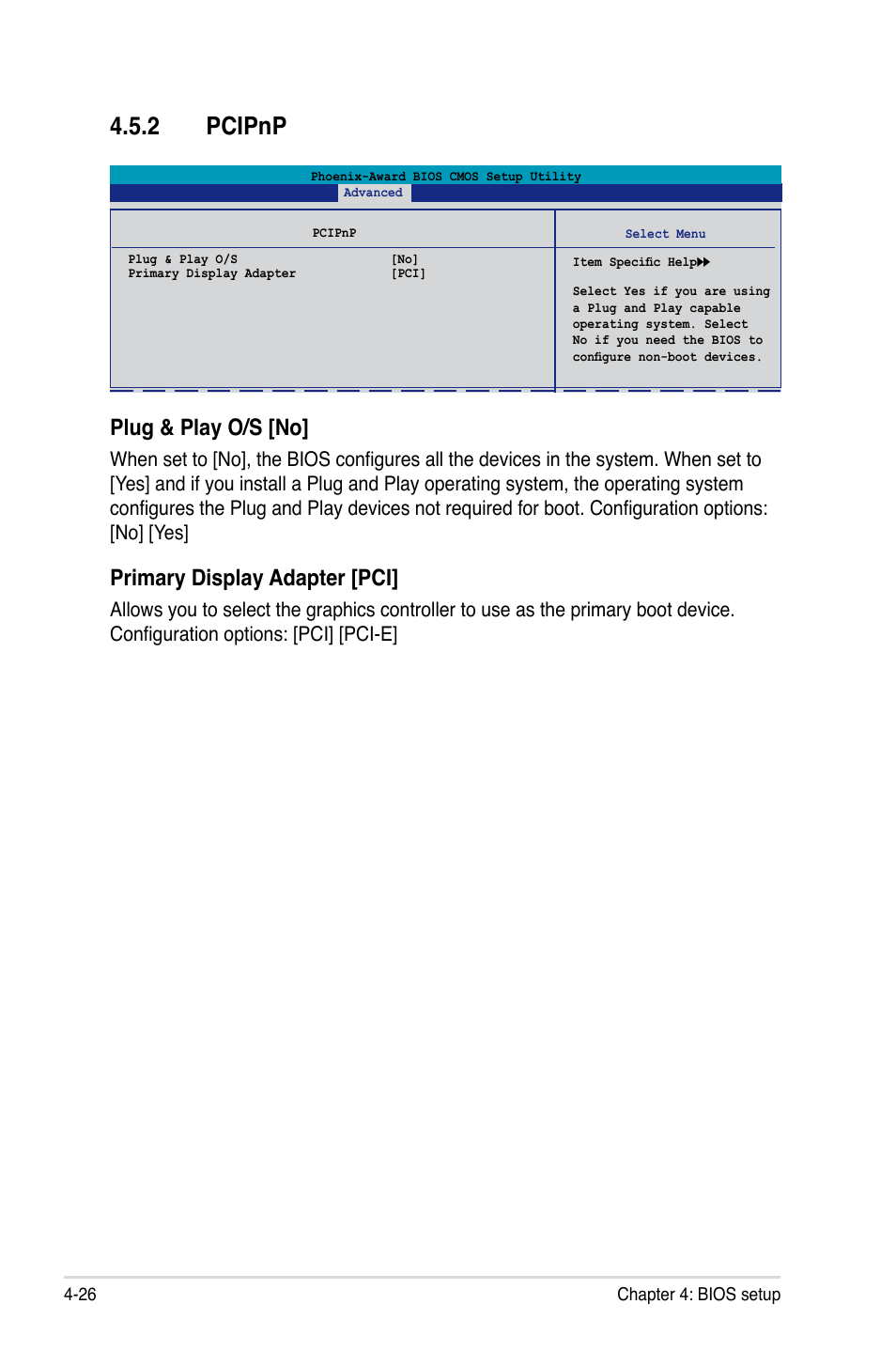 2 pcipnp, Plug & play o/s [no, Primary display adapter [pci | Asus E2898 User Manual | Page 96 / 168