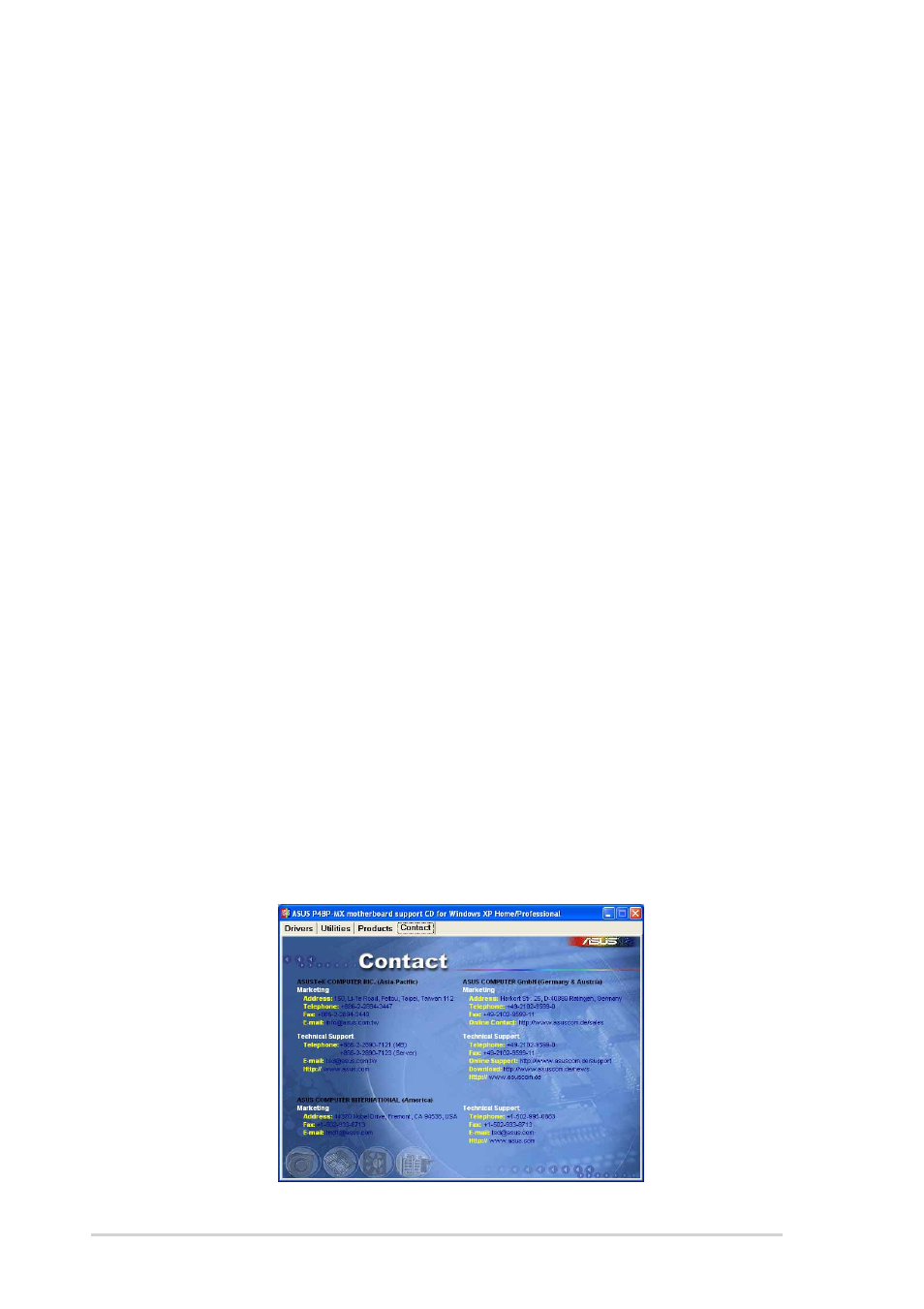 4 asus contact information, Asus pc probe, Install asus update | Pc-cillin, Acrobat reader, Asus screen saver, I’m in touch remote access application | Asus P4BP-MX User Manual | Page 60 / 62
