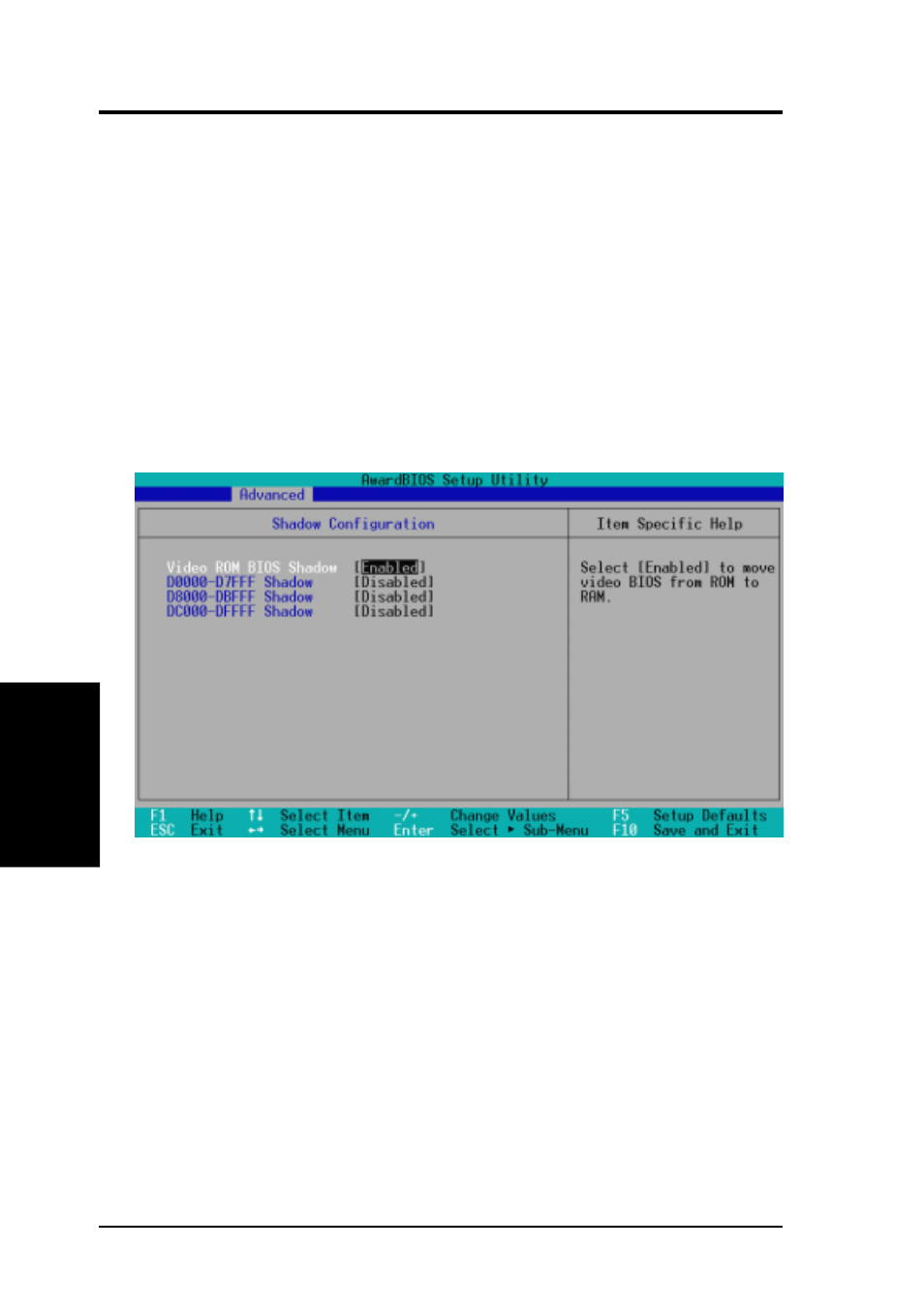 Bios setup, 4 shadow configuration | Asus Intel 810 Motherboard P3W User Manual | Page 70 / 128