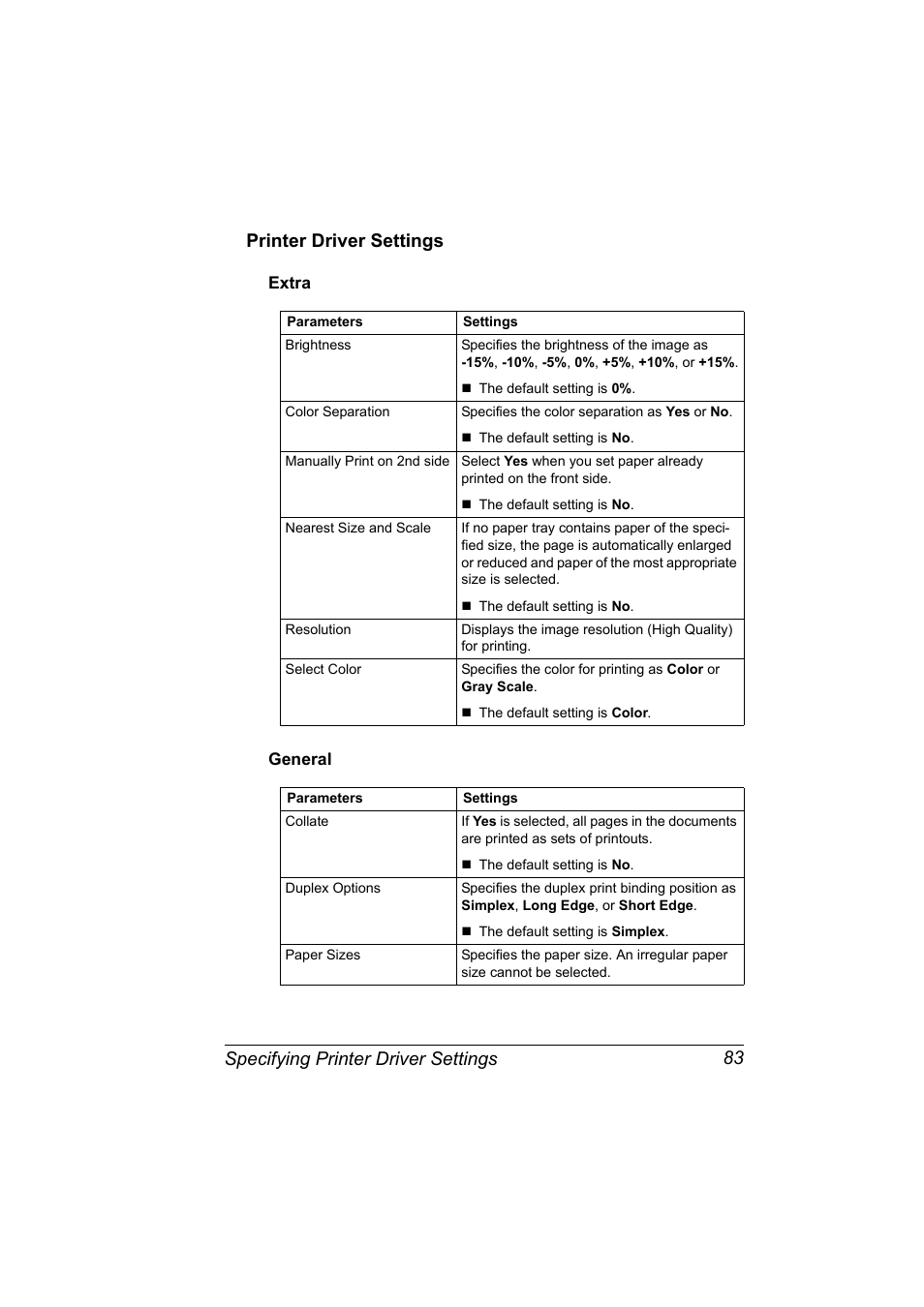Printer driver settings, Extra, General | Printer driver settings 83, Extra 83 general 83 | Konica Minolta Magicolor 7450 User Manual | Page 101 / 272