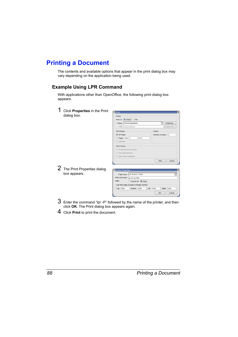 Printing a document, Example using lpr command, Printing a document 88 | Example using lpr command 88 | Konica Minolta Magicolor 7450 User Manual | Page 106 / 272