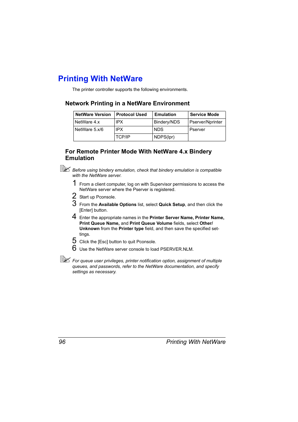 Printing with netware, Network printing in a netware environment, Printing with netware 96 | Konica Minolta Magicolor 7450 User Manual | Page 114 / 272