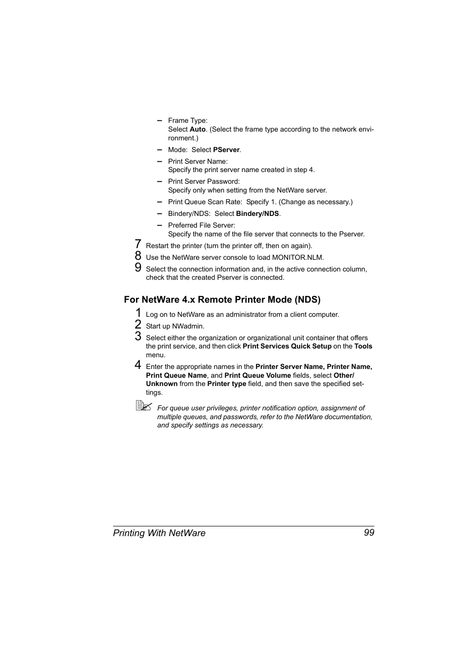For netware 4.x remote printer mode (nds), For netware 4.x remote printer mode (nds) 99 | Konica Minolta Magicolor 7450 User Manual | Page 117 / 272