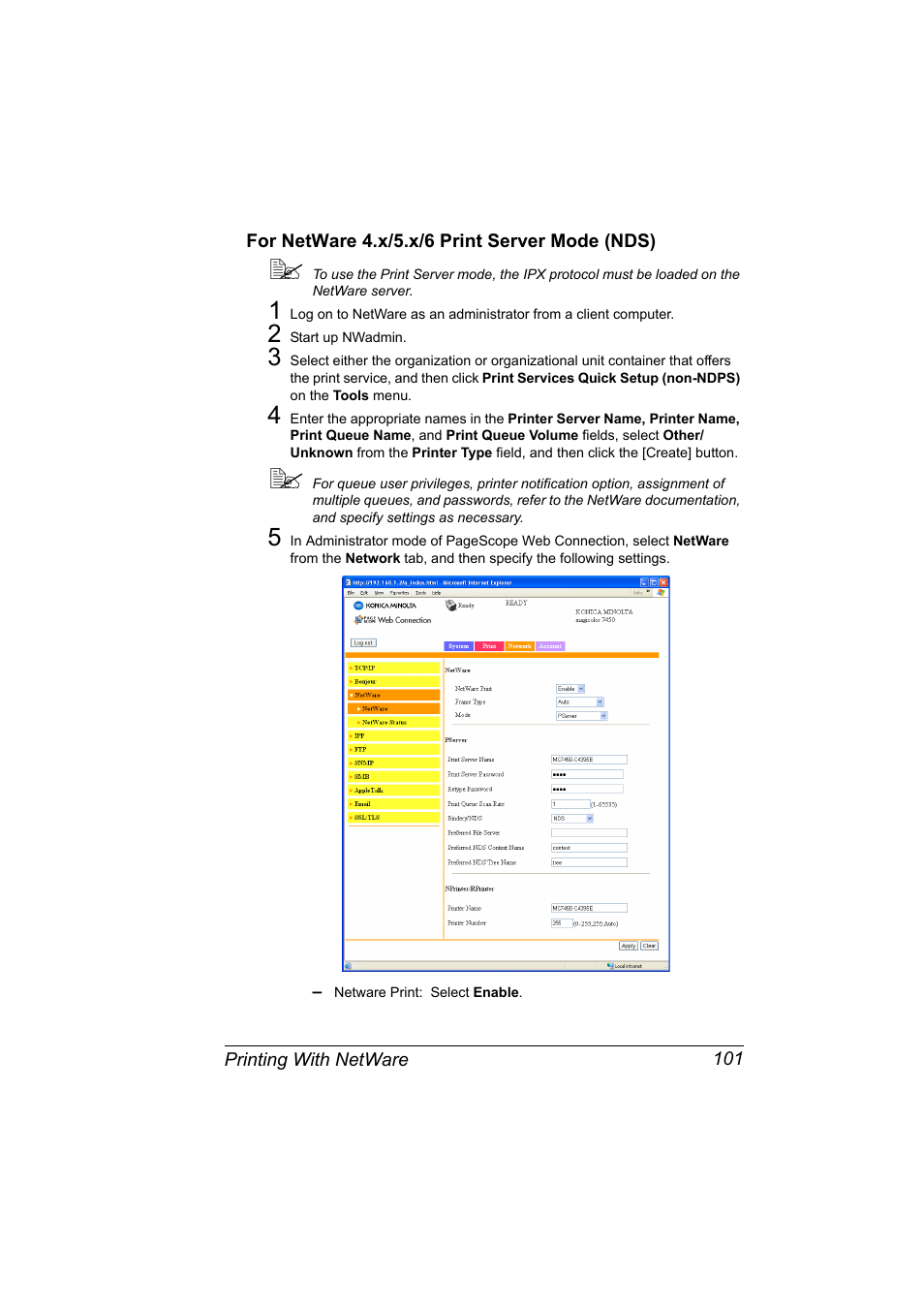 For netware 4.x/5.x/6 print server mode (nds), For netware 4.x/5.x/6 print server mode (nds) 101 | Konica Minolta Magicolor 7450 User Manual | Page 119 / 272