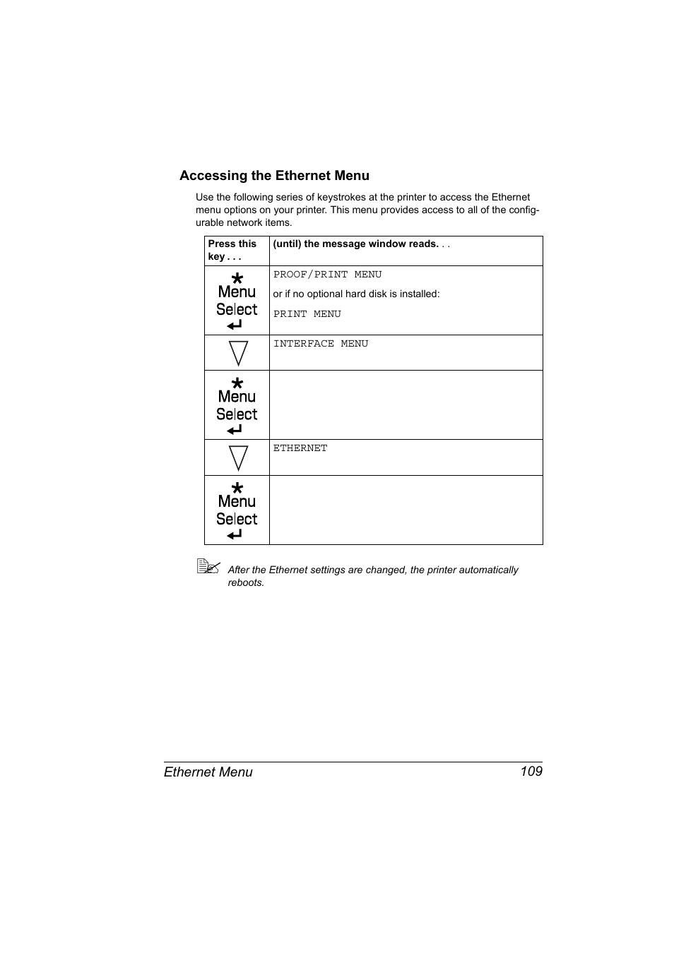 Accessing the ethernet menu, Accessing the ethernet menu 109 | Konica Minolta Magicolor 7450 User Manual | Page 127 / 272