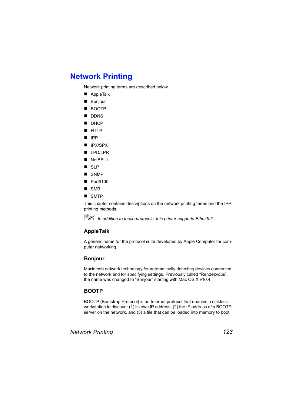 Network printing, Appletalk, Bonjour | Bootp, Network printing 123, Appletalk 123 bonjour 123 bootp 123 | Konica Minolta Magicolor 7450 User Manual | Page 141 / 272