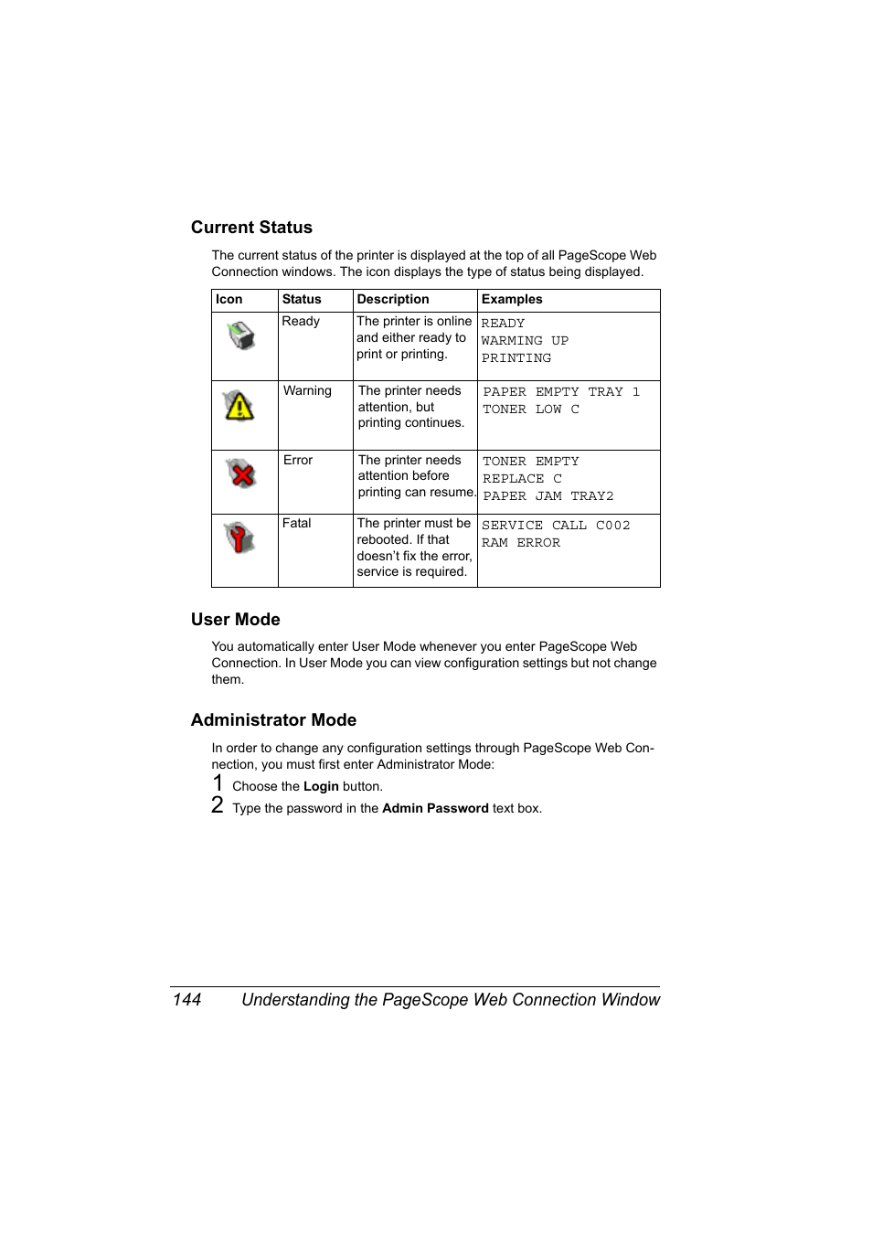 Current status, User mode, Administrator mode | Konica Minolta Magicolor 7450 User Manual | Page 162 / 272