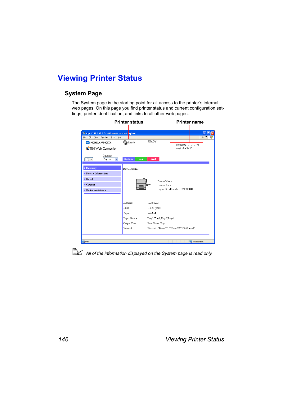 Viewing printer status, Viewing printer status 146 | Konica Minolta Magicolor 7450 User Manual | Page 164 / 272