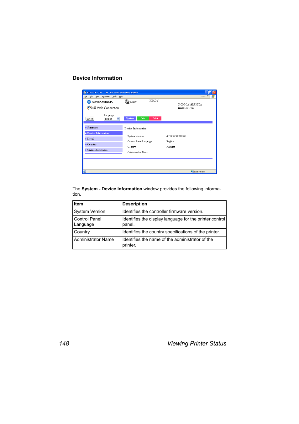 Device information, Device information 148, Viewing printer status 148 | Konica Minolta Magicolor 7450 User Manual | Page 166 / 272