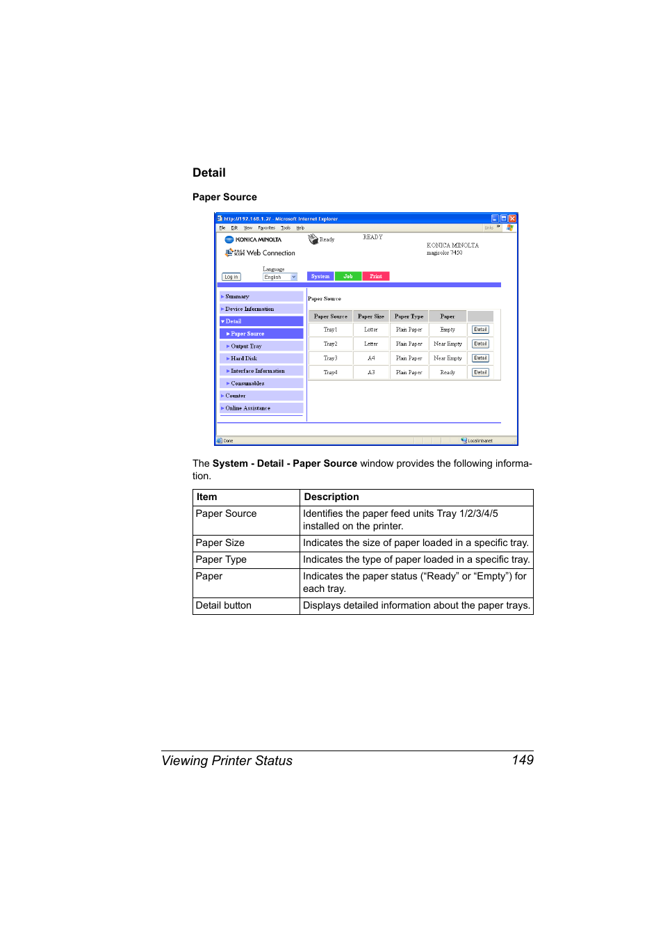 Detail, Detail 149, Viewing printer status 149 | Konica Minolta Magicolor 7450 User Manual | Page 167 / 272