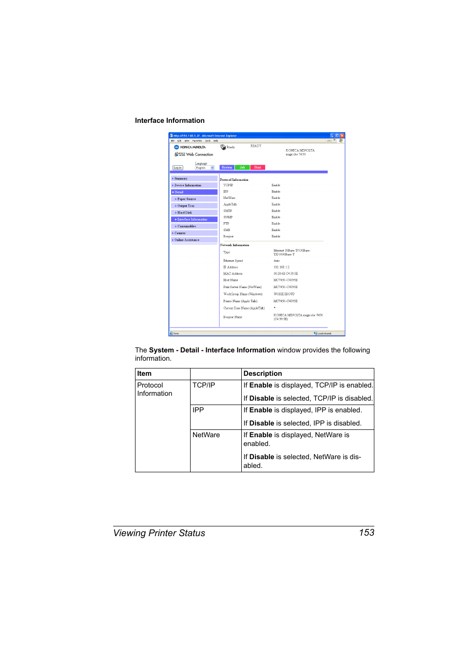 Viewing printer status 153 | Konica Minolta Magicolor 7450 User Manual | Page 171 / 272