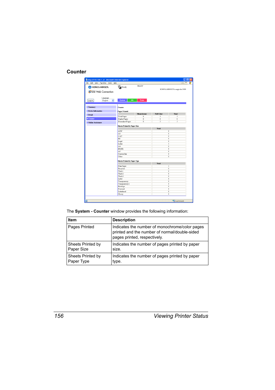 Counter, Counter 156, Viewing printer status 156 | Konica Minolta Magicolor 7450 User Manual | Page 174 / 272